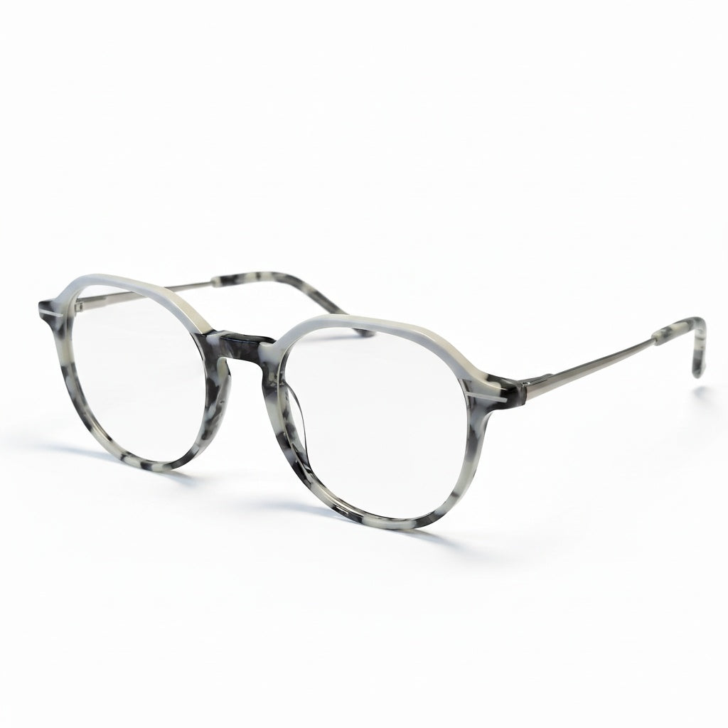Round eyeglasses with a tortoiseshell frame on a white background