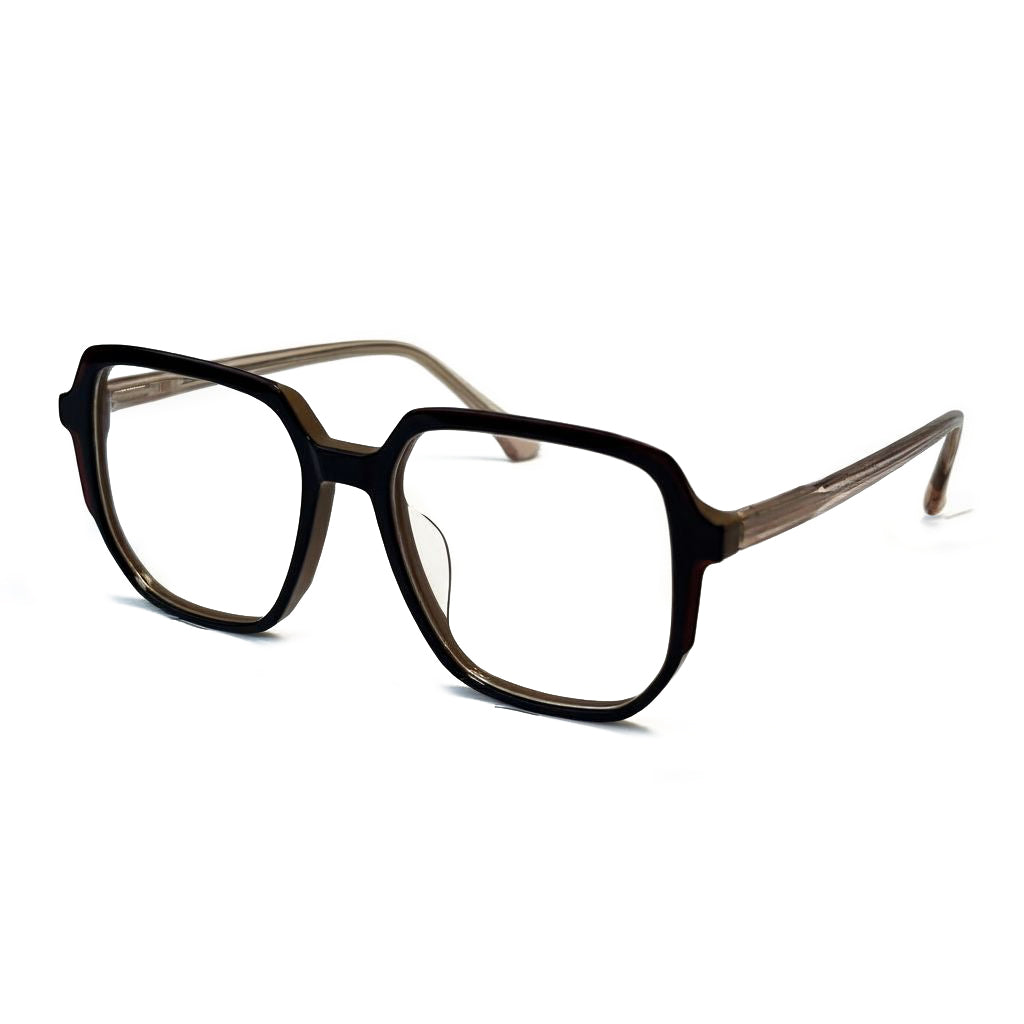Pair of eyeglasses with a black frame on a white background