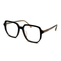 Pair of eyeglasses with a black frame on a white background