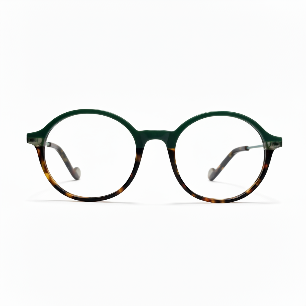 Round eyeglasses with green and tortoiseshell frame on a white background