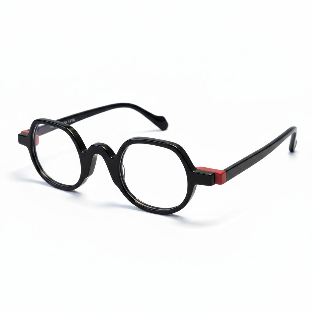 Black eyeglasses with red accents on a white background