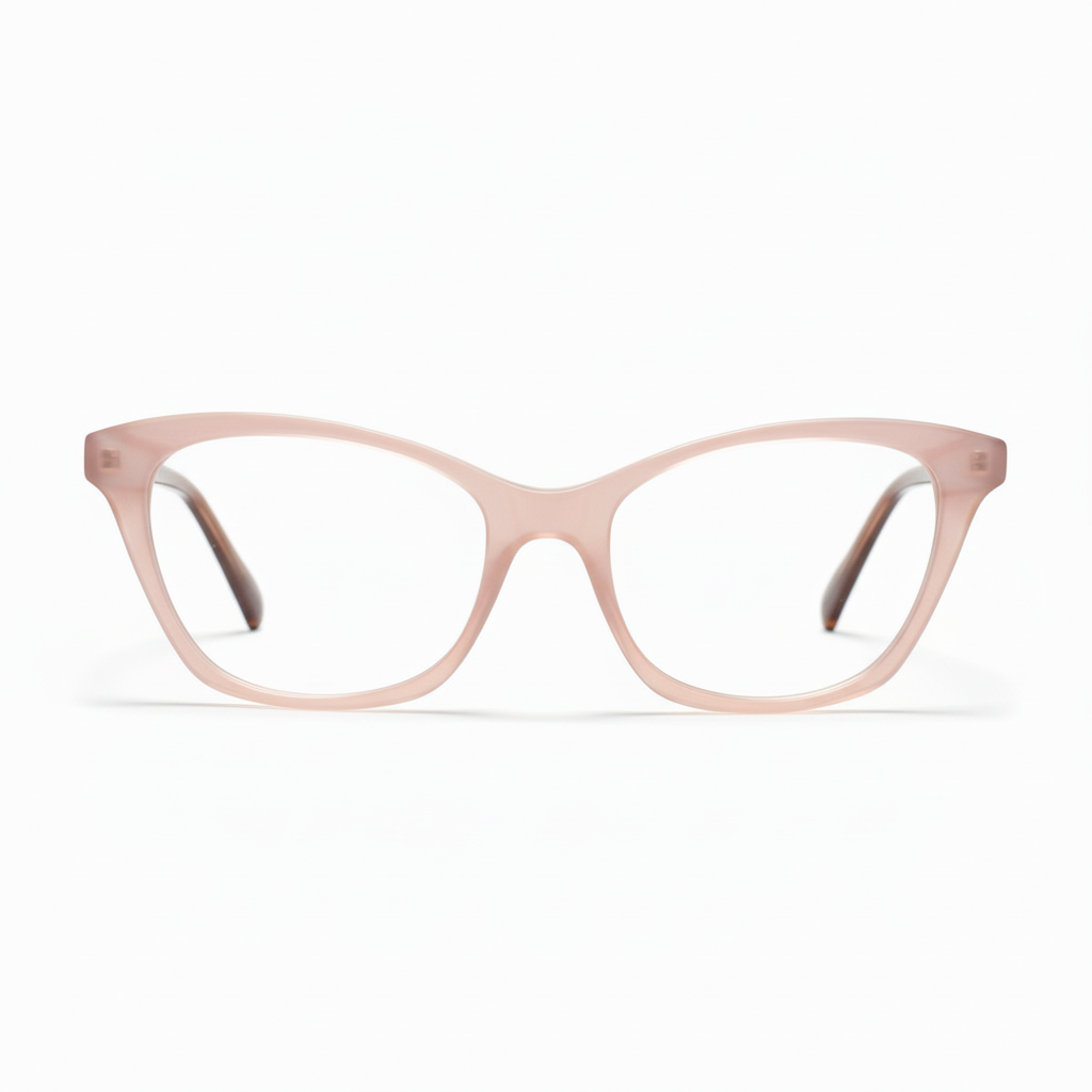 Cat-eye glasses with a light pink frame on a white background