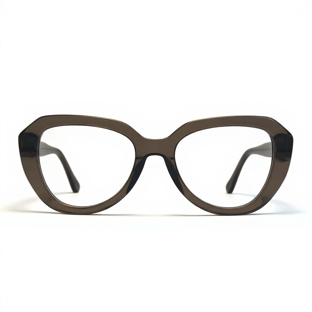 Cat-eye glasses with a dark brown frame on a white background