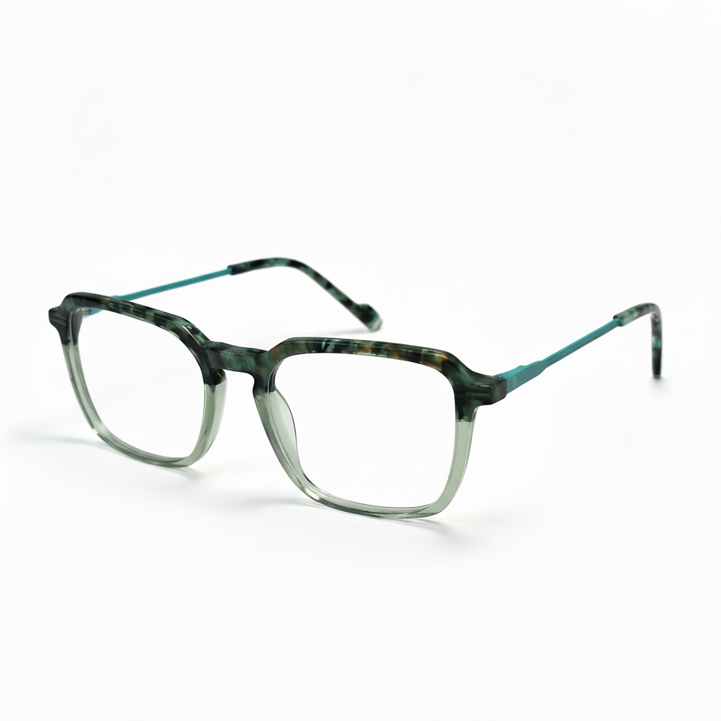 Pair of eyeglasses with a green and black tortoiseshell frame on a white background