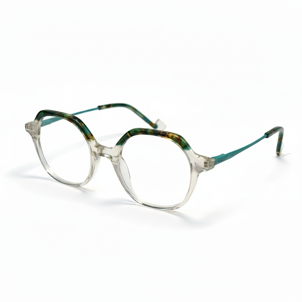 Round eyeglasses with a green and clear frame on a white background