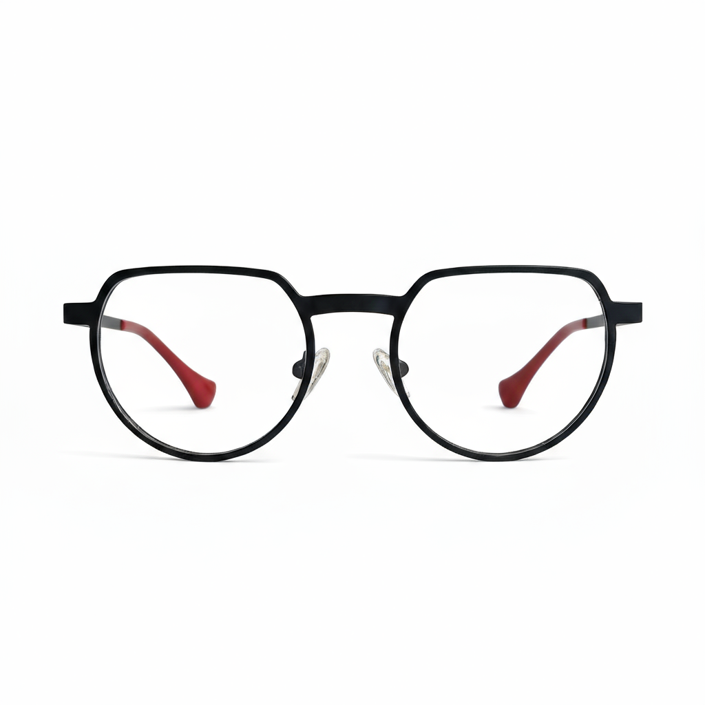 Black eyeglasses with red temple tips on a white background