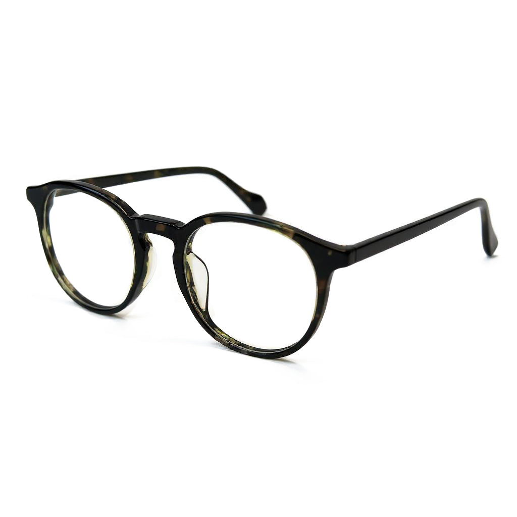 Round eyeglasses with a tortoiseshell frame on a white background