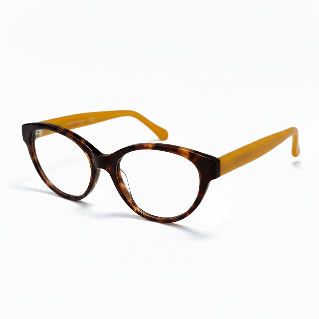 Eyeglasses with tortoiseshell frame and yellow arms on a white background