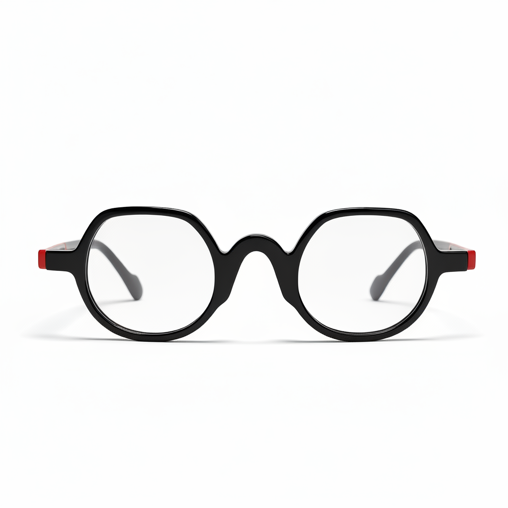 Black round eyeglasses with red accents on a white background