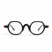 Black round eyeglasses with red accents on a white background