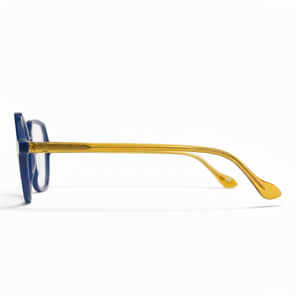 Eyeglasses with blue frames and yellow arms on a white background
