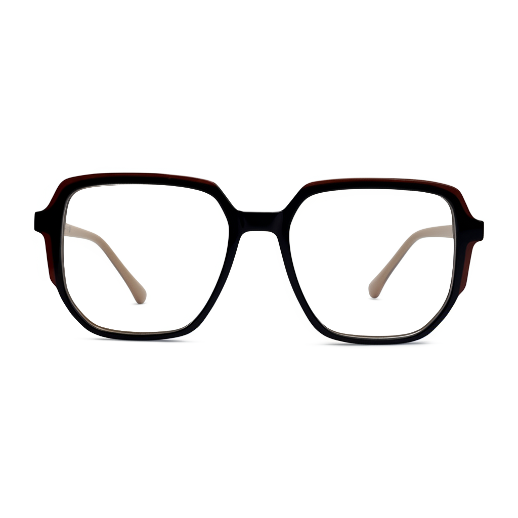 Black eyeglasses with brown accents on a white background