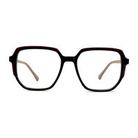 Black eyeglasses with brown accents on a white background