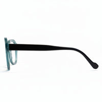 Sunglasses with a black frame on a white background