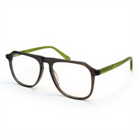 Eyeglasses with a black and green frame on a white background