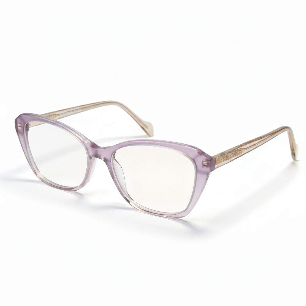 Pair of glasses with a purple frame on a white background