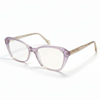 Pair of glasses with a purple frame on a white background