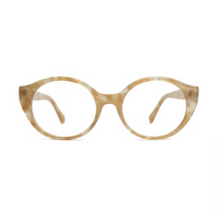 Round eyeglasses with a tortoiseshell pattern on a white background