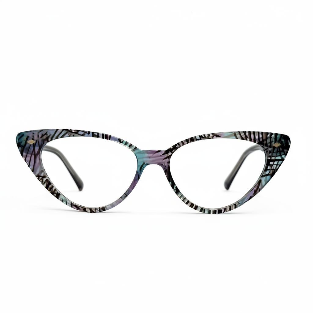 Multicolored cat-eye glasses on a white background