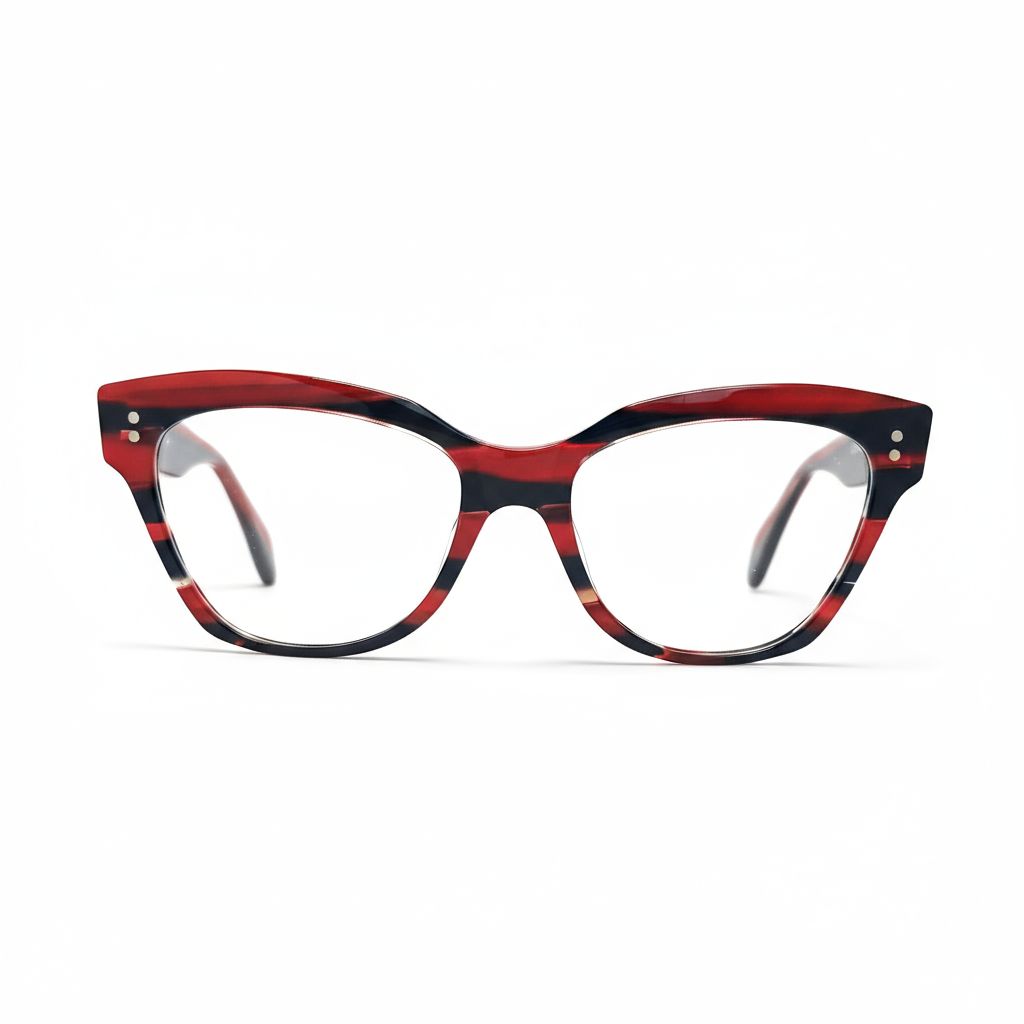 Red and black cat-eye glasses on a white background
