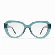 Teal cat-eye glasses on a white background