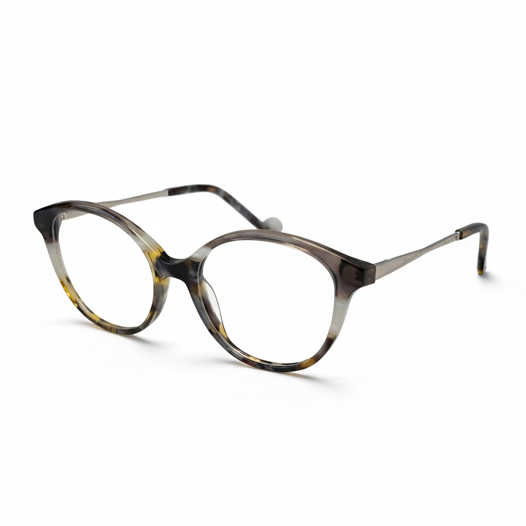Pair of eyeglasses with a tortoiseshell pattern on a white background