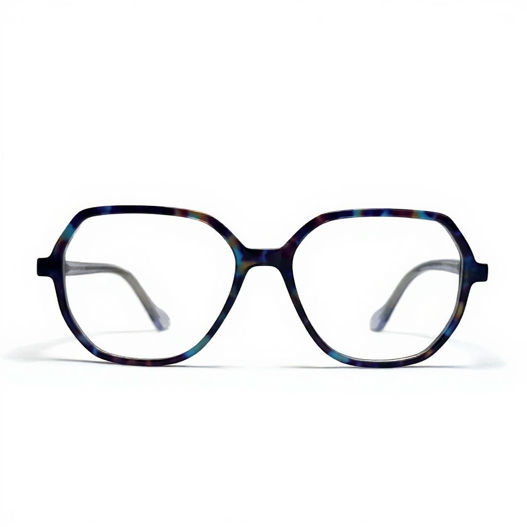 Blue tortoiseshell eyeglasses on a white background