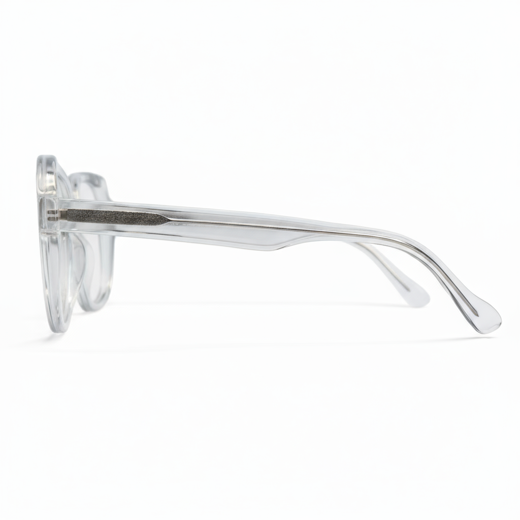 Clear sunglasses with thin metal frame on a white background