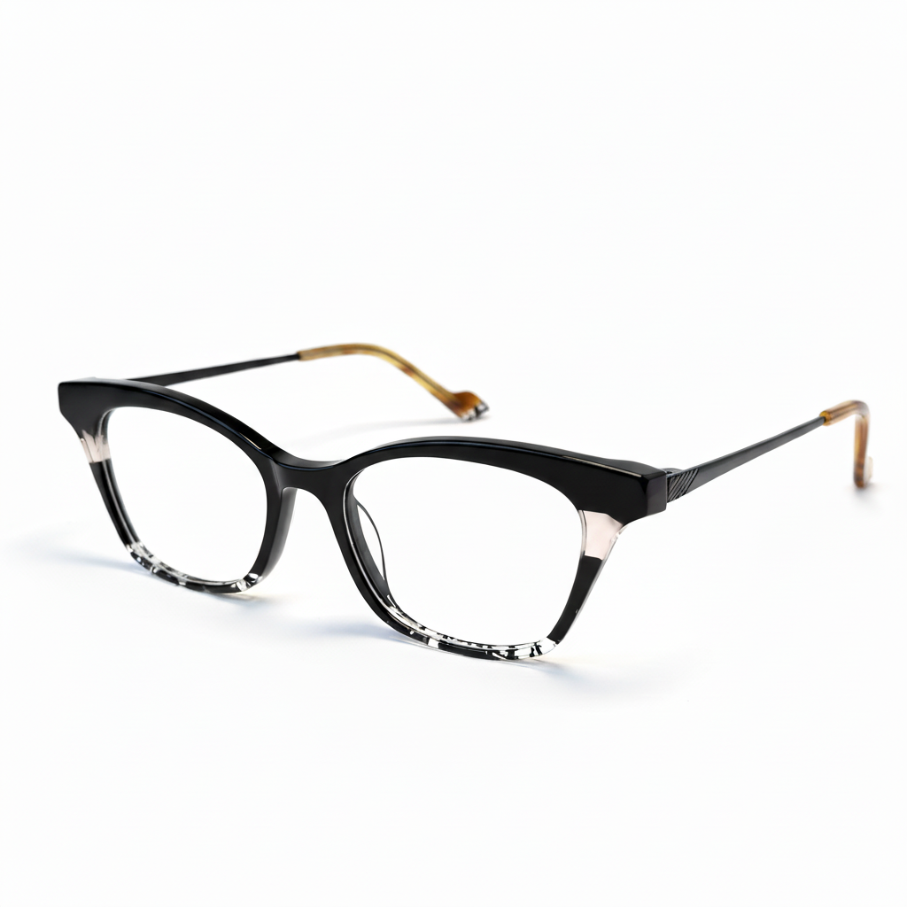 Black and gold cat-eye glasses on a white background