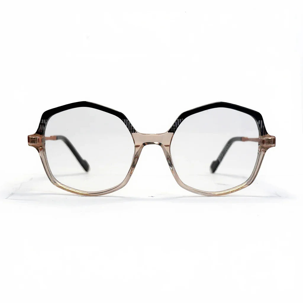 Eyeglasses with a brown and black frame on a white background