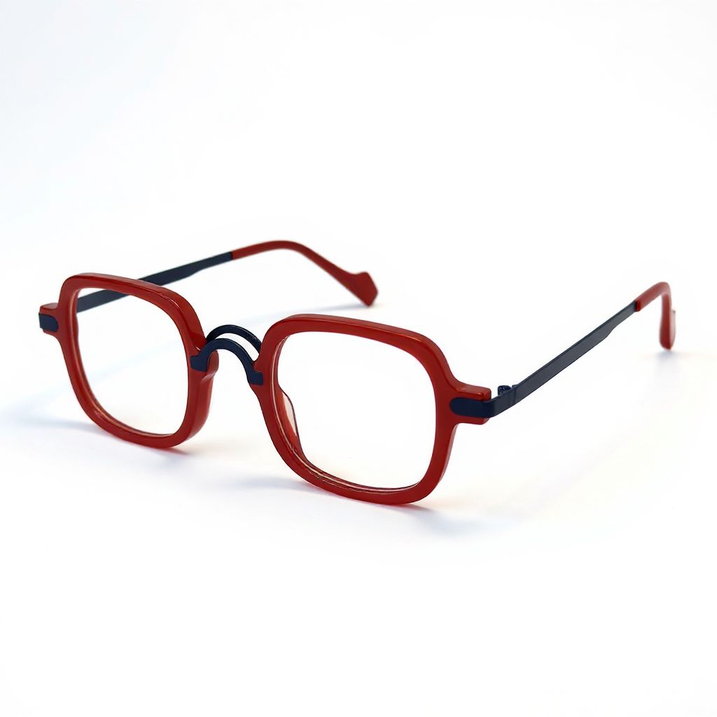 Red eyeglasses with black accents on a white background