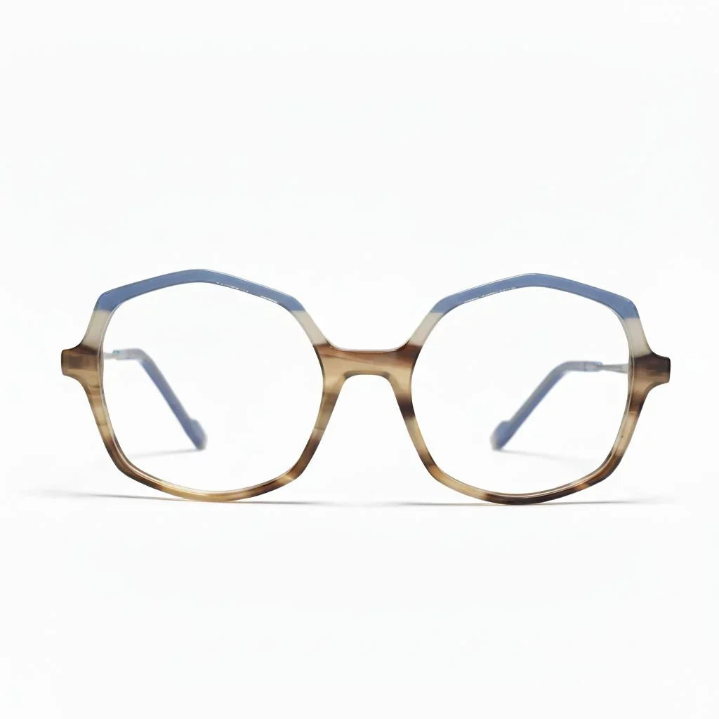 Round eyeglasses with a gradient brown and blue frame on a white background