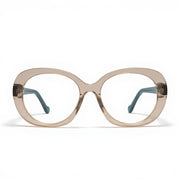 Beige eyeglasses with blue temples on a white background