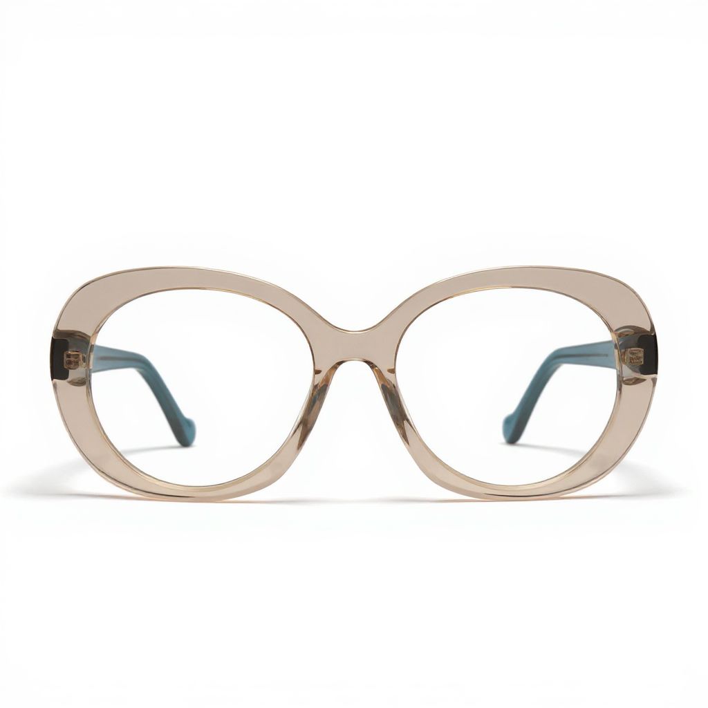 Beige eyeglasses with blue temples on a white background