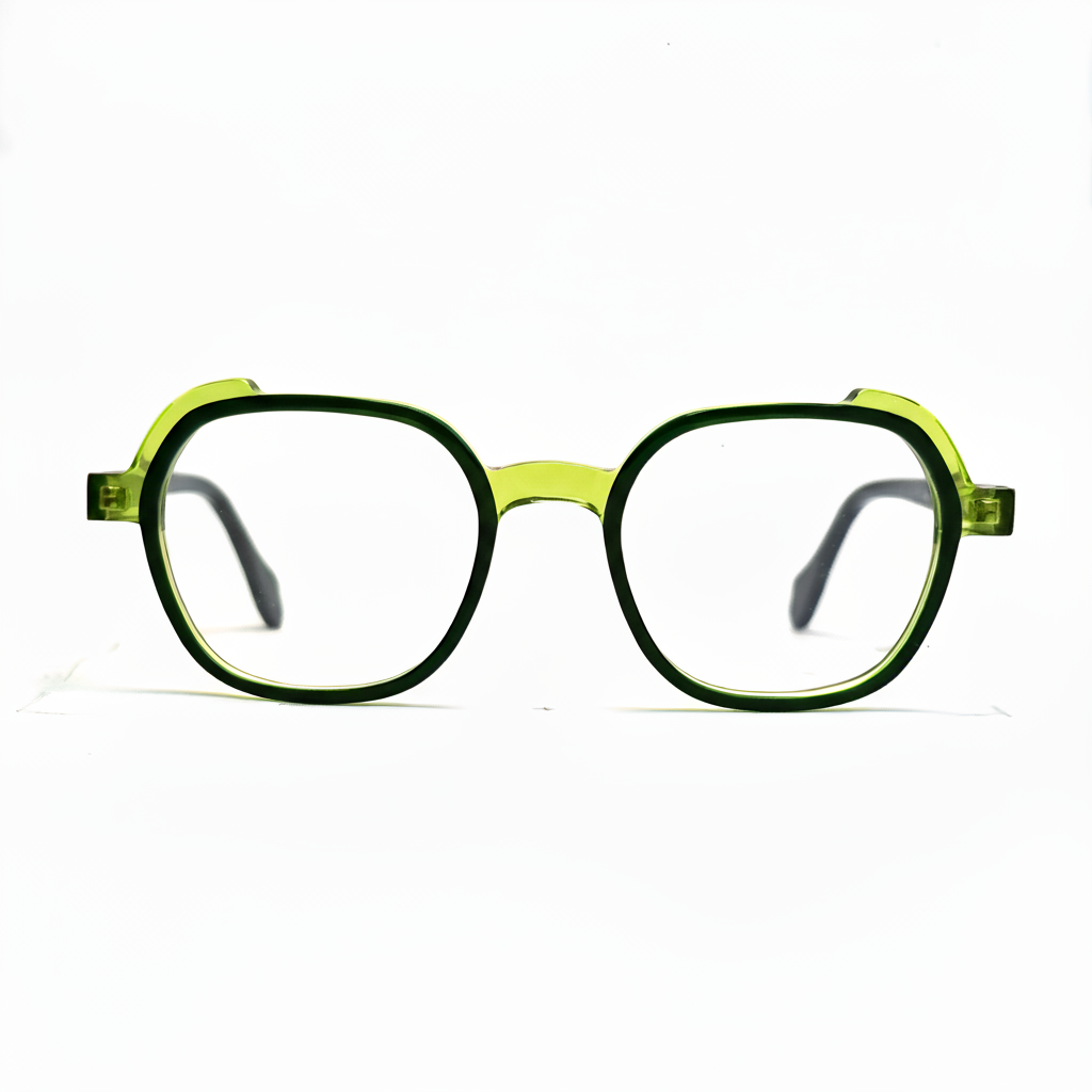 Green and black eyeglasses on a white background