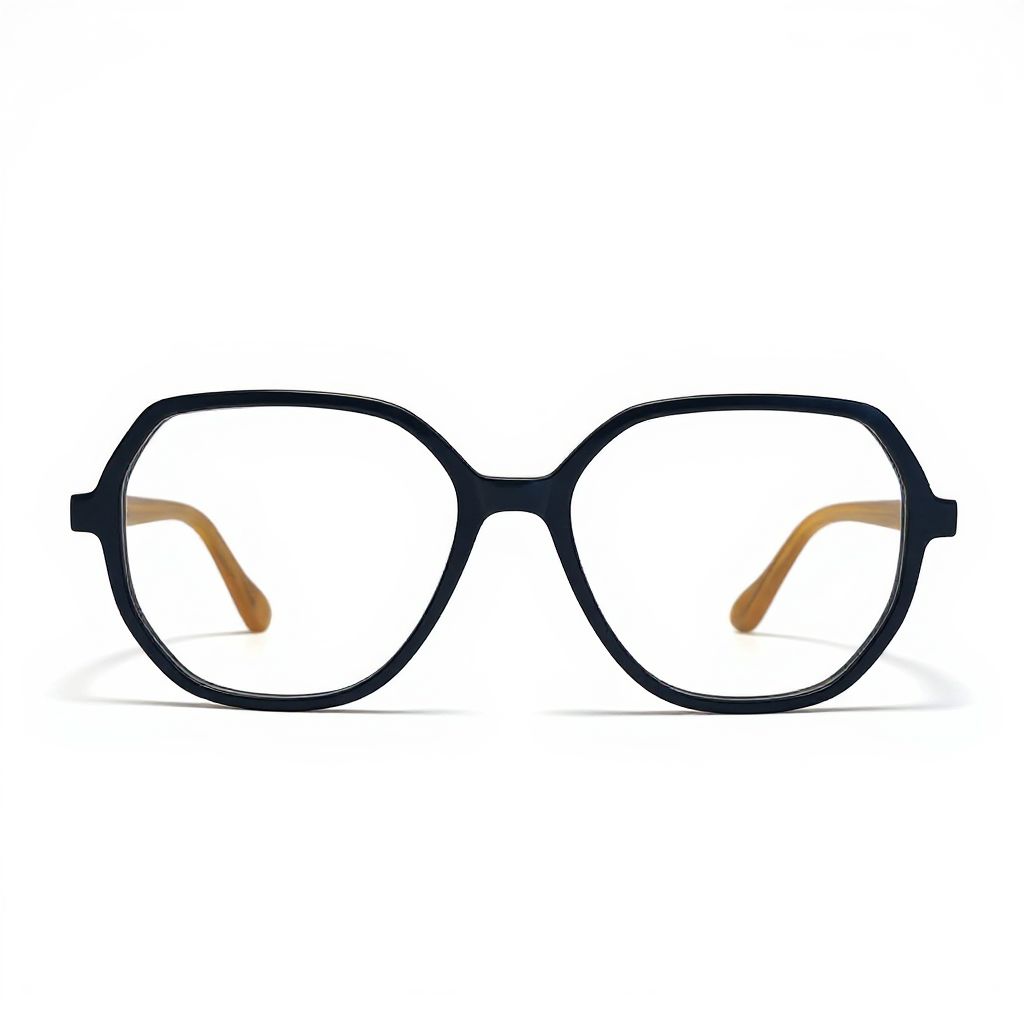 Black eyeglasses with brown temple tips on a white background