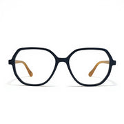 Black eyeglasses with brown temple tips on a white background