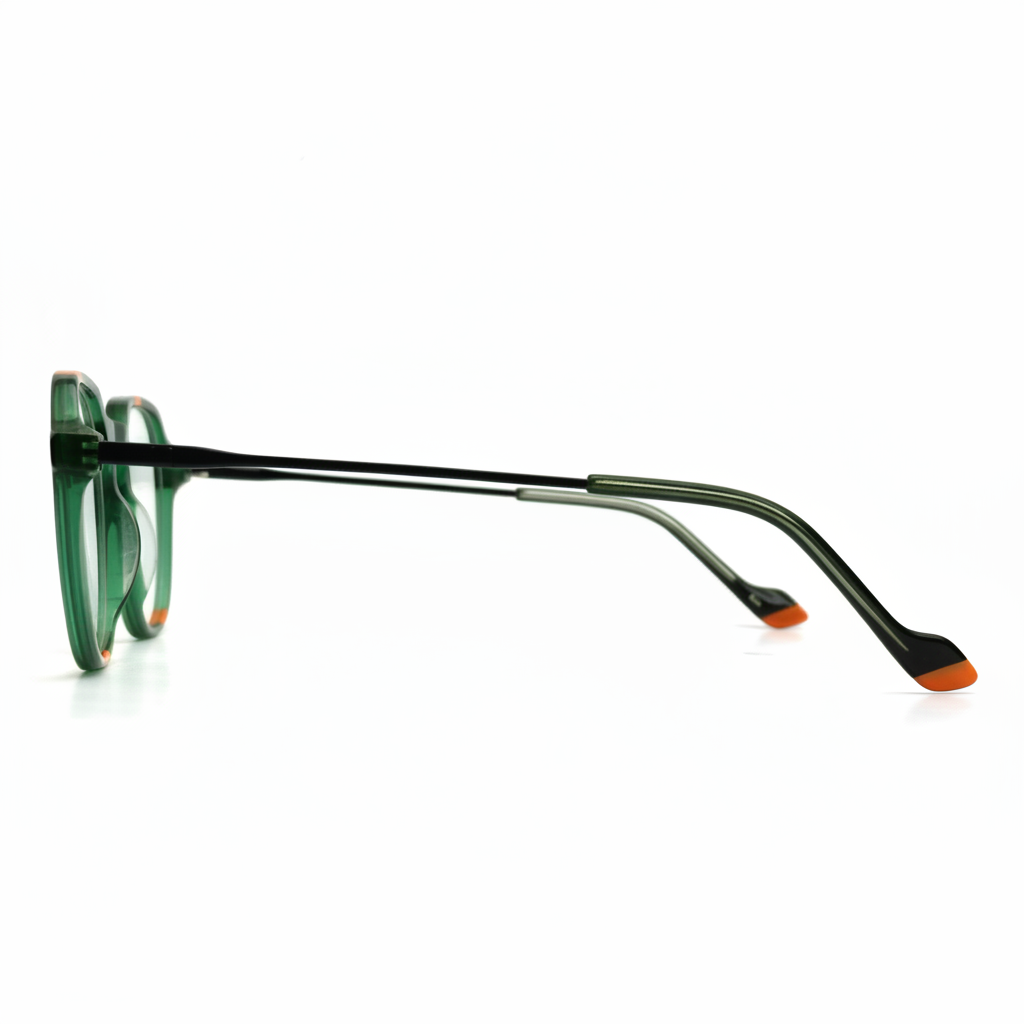 Green eyeglasses with black arms on a white background