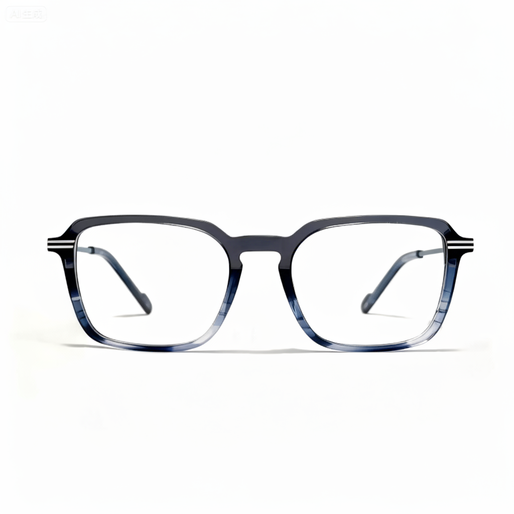 Blue-tinted eyeglasses on a white background