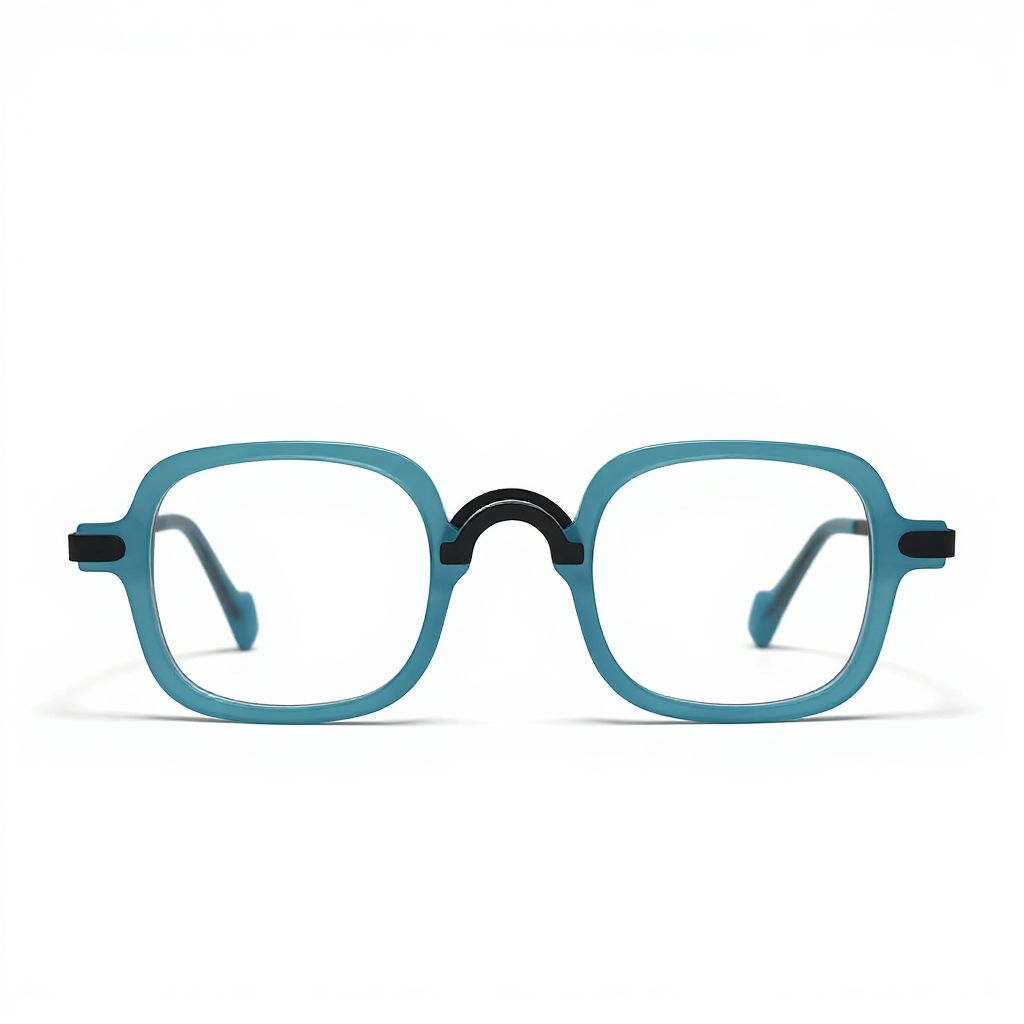 Teal eyeglasses with black accents on a white background