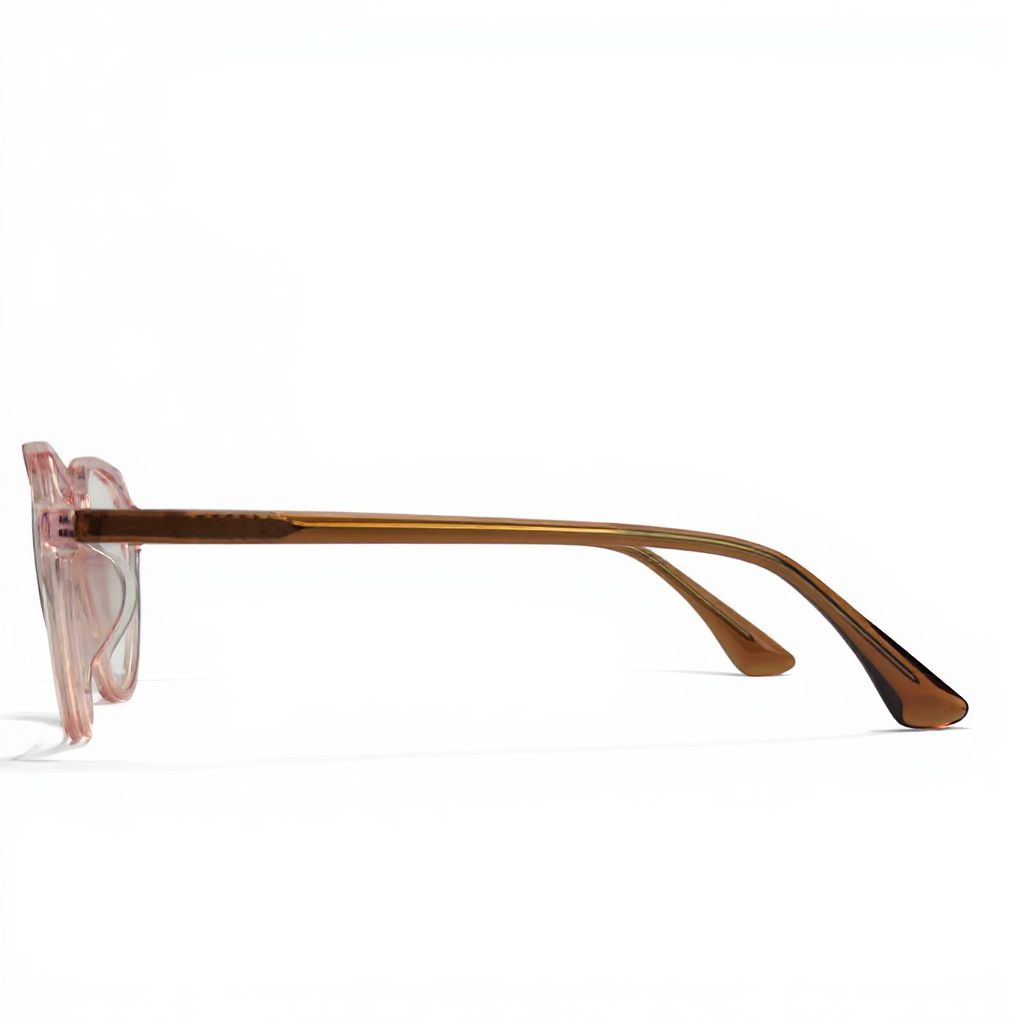 Sunglasses with a brown frame and pink lenses on a white background