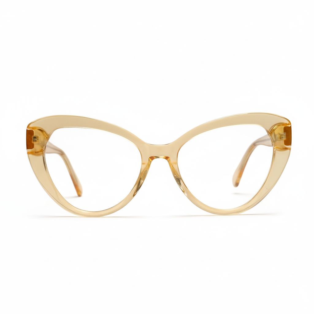 Cat-eye glasses with a beige frame on a white background