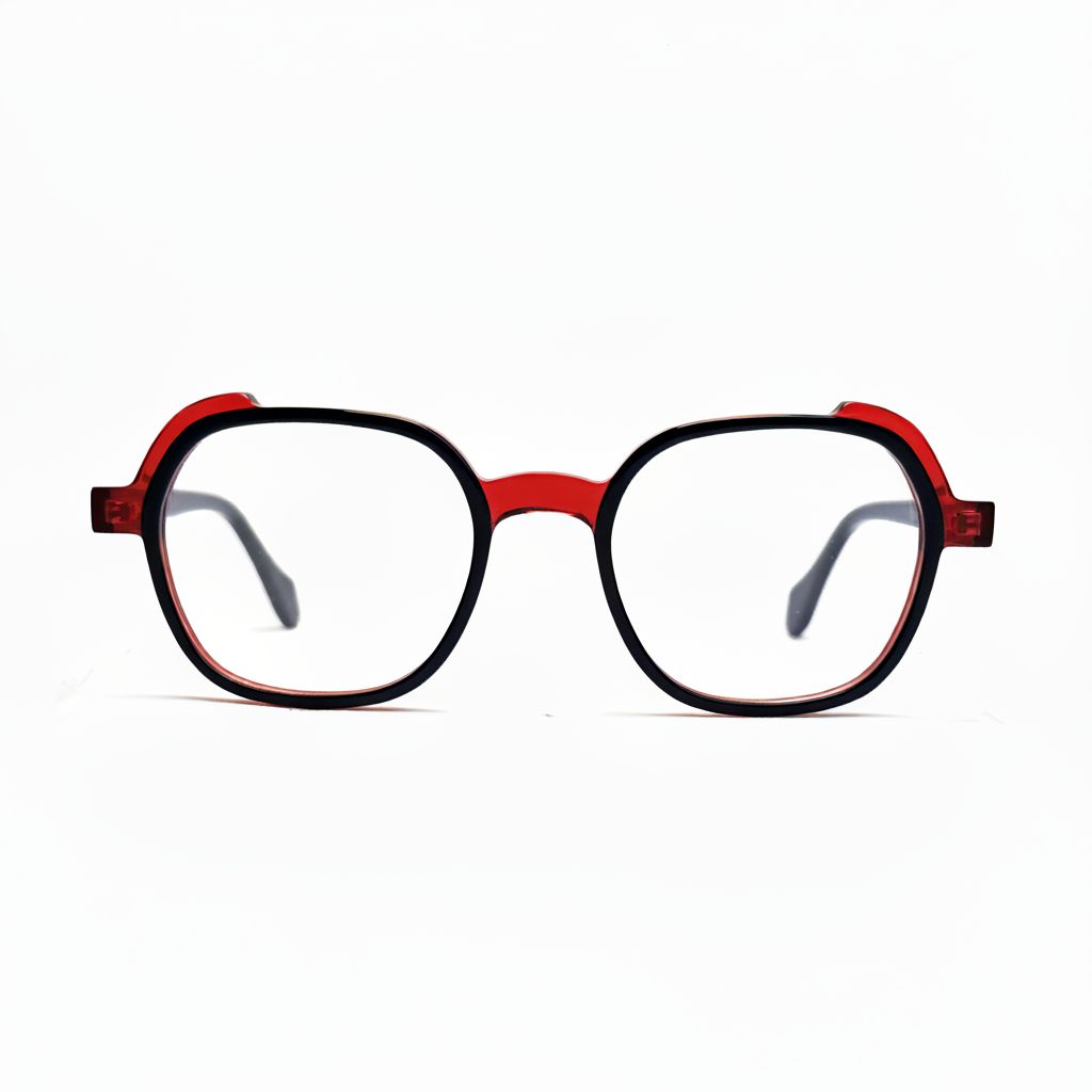 Eyeglasses with red and black frame on a white background