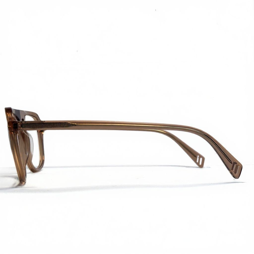 Brown sunglasses with a clear lens on a white background