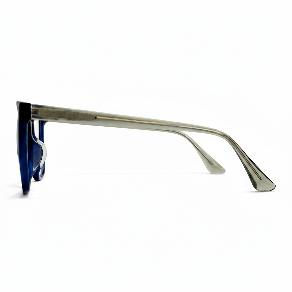 Sunglasses with blue lenses and silver frame on a white background