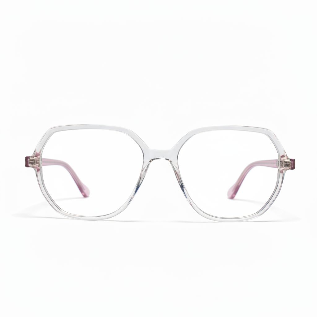 Clear eyeglasses with pink temple tips on a white background