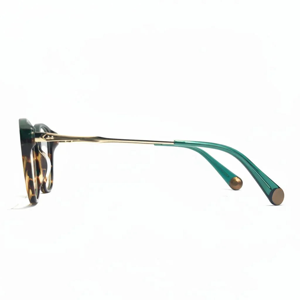 Sunglasses with green frame and tortoiseshell arms on a white background