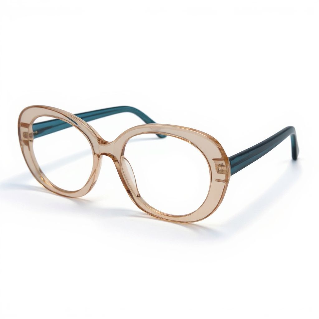 Pair of eyeglasses with a beige frame and green arms on a white background