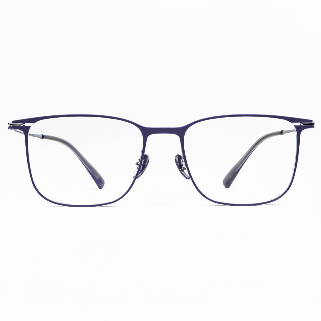 Pair of eyeglasses with a blue frame on a white background