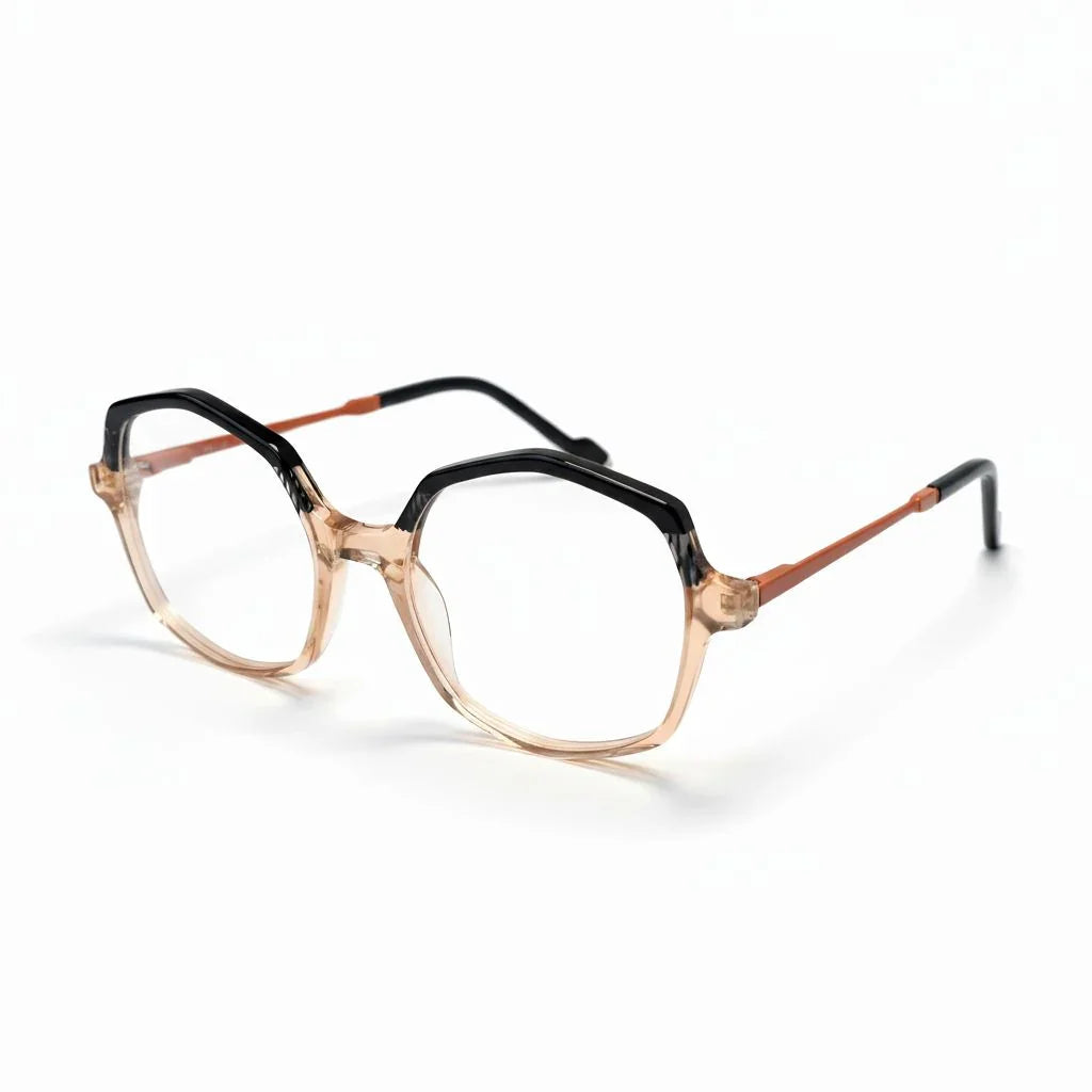 Eyeglasses with a black and gold frame on a white background